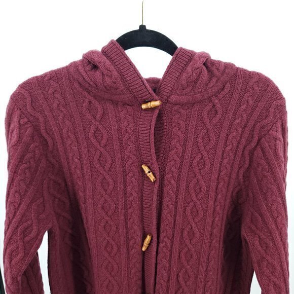 Y2K Eddie Bauer Lambswool-Blend Chunky Hooded Cardigan Sweater L Tall Red - Picture 4 of 16